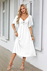 V-Neck Bow Pleated Mid-Length Short-Sleeved Dress