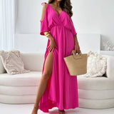 V-Neck Slit Shoulder Sleeves Sexy Halter Dress