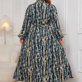 PLUS SIZE PRINTED DRESS POLO COLLAR LONG SLEEVE_CWDMD5969