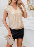 Womens Sequin V-Neck Fitted Raglan Sleeve Top