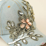 DIAMOND EMBELLISHED DISTRESSED DENIM BASEBALL CAP CWAH1390