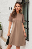 Solid-Color Hollowed-Out Lace Round-Neck Dress
