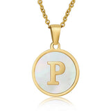 Cwaje1934_Round Stainless Steel White Shell Letter Necklace