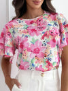 Printed Lotus Sleeve Round Neck Short Sleeve Top
