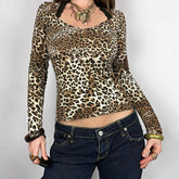 Square Collar Leopard Print Lace Long Sleeve Top