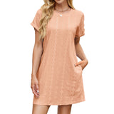 Solid Color Crew Neck Short Sleeve Pocket Dress