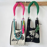 Black And White Rose Knitted Shoulder Tote Bag_Cwab1518
