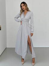 Solid-Color Brushed V-Neck Long-Sleeved Dress