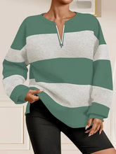 V-Neck Zipper Striped Long-Sleeved Loose T-Shirt