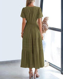 V-Neck Pleated Puffy Sleeve Short Sleeved Dress