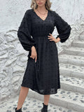 V-Neck,Cinched Waist,Woolen Long-Sleeved Dress