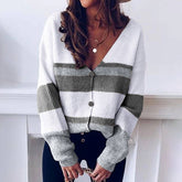 V-Neck Button-Striped Patchwork Sweater Cardigan