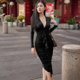 Stylish Sexy Slim Wavy Hem Low Neck Dress