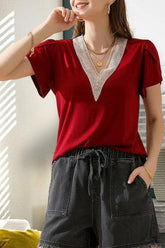 Gold Lace V Neck Ruffle Short Sleeve Top