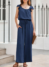 Womens Ruched Romper With Ruffle Sleeves