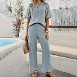 Solid Color Knit Short Sleeve Top And Pants Suit_Cwstb0513