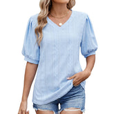 Solid Color V-Neck Cutout Puffy Sleeve T-Shirt