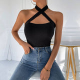 Solid Cross Neck Halter Top Sexy Slim Fit