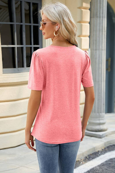 Solid Color Round Neck Short Sleeve Pleated Top_Cwtsts0343