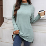 Solid-Color High-Neck Long-Sleeved Slit T-Shirt