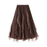 RUFFLED MESH PANEL HIGH WAIST PLEATED MIDI SKIRT_CWBMS0381