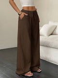 Solid-Color Textured Drawstring Wide-Leg Pants