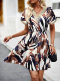 V-Neck Lace-Up Print Short Dress