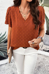 Solid Color V Neck Lotus Sleeve Top_Cwtsts0169
