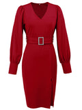 V-Neck Long-Sleeved, Belt-Hugging Knitted Dress