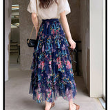 COLORFUL FLORAL MESH PRINT PLEATED TULLE SKIRT_CWBLS0399