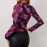 FLORAL PRINT MESH LONG SLEEVE MOCK NECK TOP_CWTBLL3427