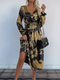 V-Neck Long Sleeve Fashion A Swing Hot Gold Dress