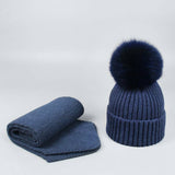 Winter Knit Hat Scarf Set With Fox Fur Pom Beanie_Cwah05044
