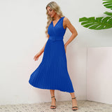 V-Neck Pleated Belted Bodycon Midi Dress