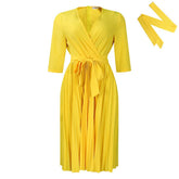 SOLID COLOR V NECK LONG SLEEVE PLEATED SKIRT DRESS_CWDSD6145