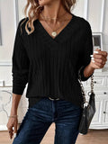 Solid-Color Long-Sleeved V-Neck Knitted T-Shirt