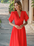 Solid-Color V-Neck Lantern Sleeve Fitted Dress