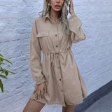 Solid Color French Lapel Long-Sleeved Shirt Dress