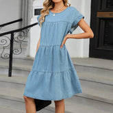 Solid Color Round Neck Loose Casual Denim Dress