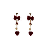 NEW BURGUNDY BOW LONG HEART EARRINGS_CWAJE1860