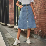 Washed Denim Button Front Skirt For Women Slim_Cwjsk0202