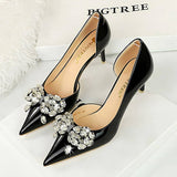 Vintage Rhinestone Pearl Side Cutout High Heels