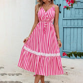 Womens Casual Lace Edge Striped Halter Dress_Cwdmd1359