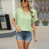 V-Neck Jacquard Button Loose Cutout T-Shirt
