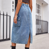 Wome Washed Denim Cargo Midi Skirt Slim Fit_Cwjsk0198