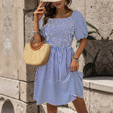 Striped Lapel Halter Dress With Puffy Sleeves