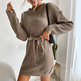 Solid Color Long Sleeve Sweater Dress With Lace-Up