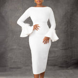 FASHION SOLID COLOR HIPWRAPPED FLARED SLEEVE DRESS_CWDMD3663