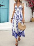 Vacation Style High-Waisted Printed Halter Dress