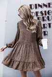 V-Neck Leopard Print Ruffled Long-Sleeved Dress